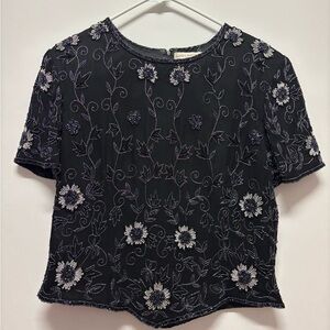 Papell Boutique Evening Black Floral Embroidered Blouse